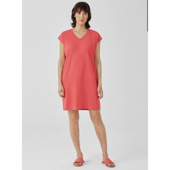 EILEEN FISHER Coral Tencel Short Sleeve V Neck Dress Spring Travel Size PP E7 - Picture 1 of 8